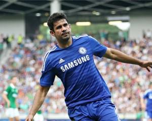 Diego Costa celebrates after scoring his first goal for Chelsea in a friendly v Olimpija Ljubljana.
