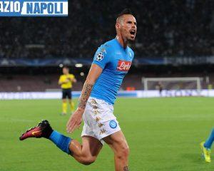 ITALY, Naples : Napoli's player Hamsik celebrates after scoring during the UEFA Champions League match between SSC Napoli and SL Benfica at the San Paolo Stadium in Naples on September 28; 2016. PH. CONTROLUCE/ PIETRO MOSCA