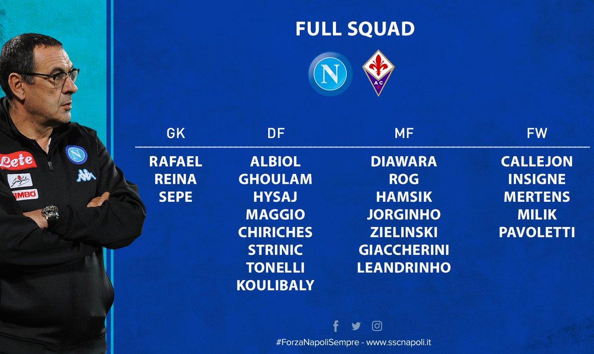QUI CASTEL VOLTURNO – I convocati di Maurizio Sarri per la sfida contro la Fiorentina, assenti Maksimovic ed Allan