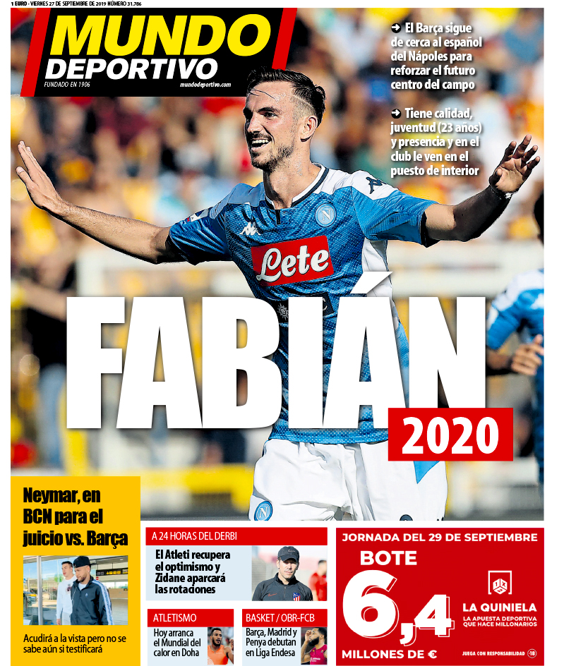 FOTO – In Spagna sicuri, Mundo Deportivo titola: “Fabiàn nel 2020! Il Barcellona ha scelto lui”