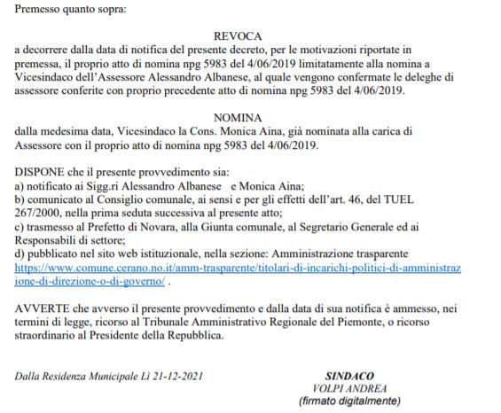 Revoca Vicesindaco Cerano