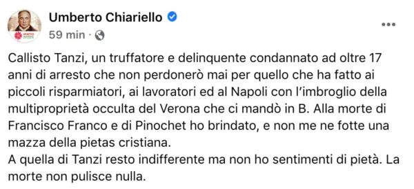 Post FB Chiariello morte Tanzi