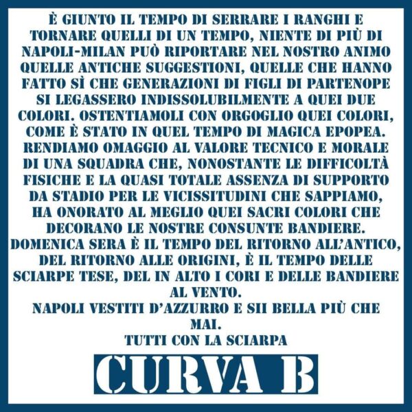 Curva B: arriva il comunicato degli ultras, succederà in Napoli-Milan!