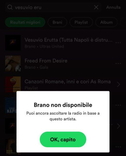 Spotify, brano non disponibile