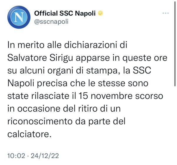 Napoli Tweet Sirigu