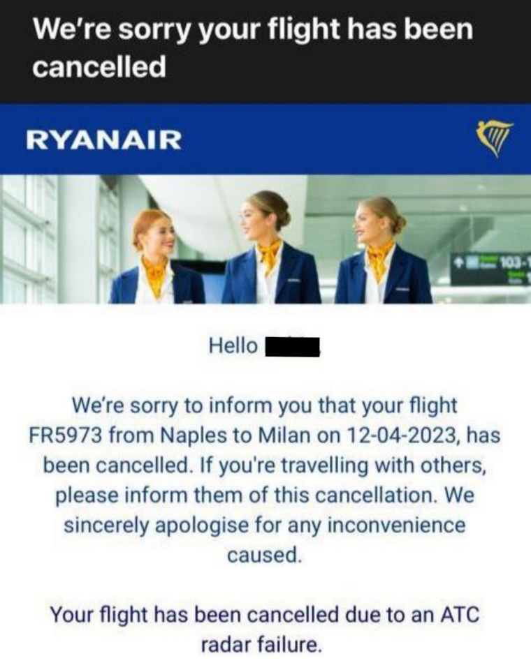 Mail di Ryanair del volo Napoli-Milano cancellato