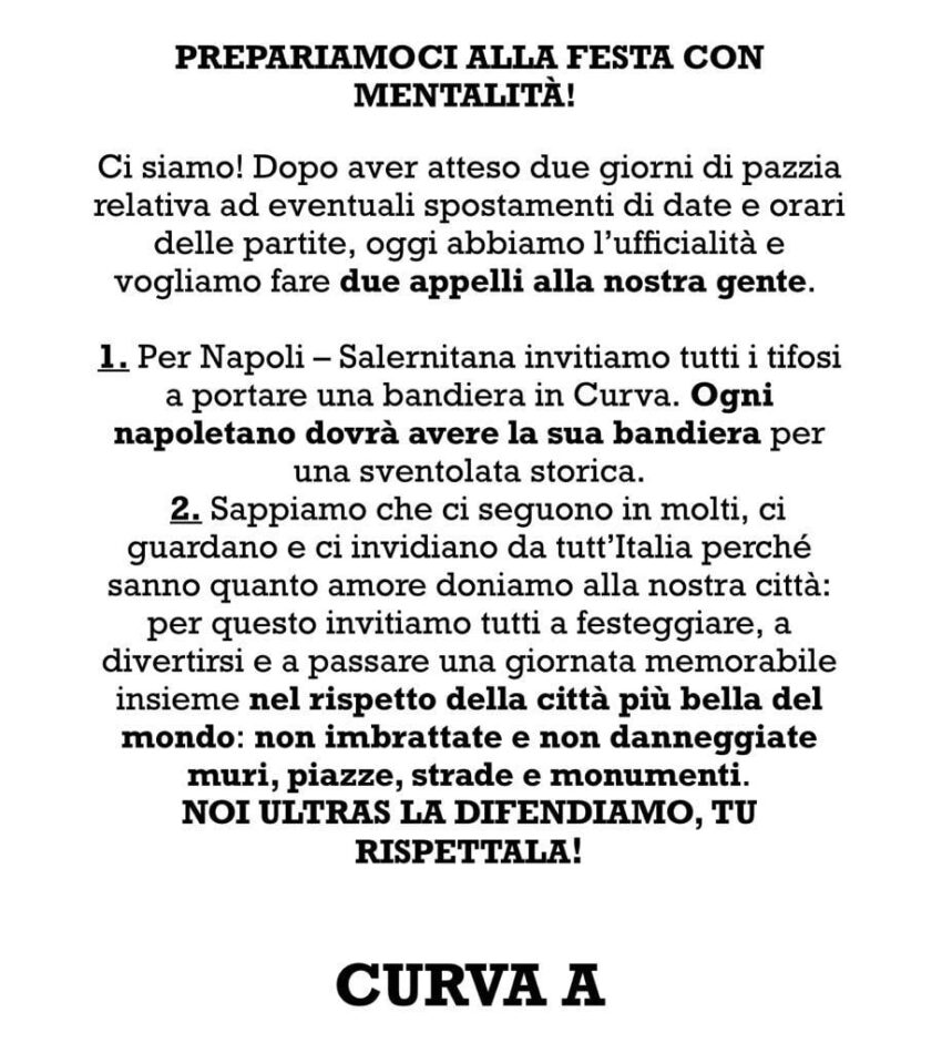 L'appello della Curva A in vista di Napoli Salernitana