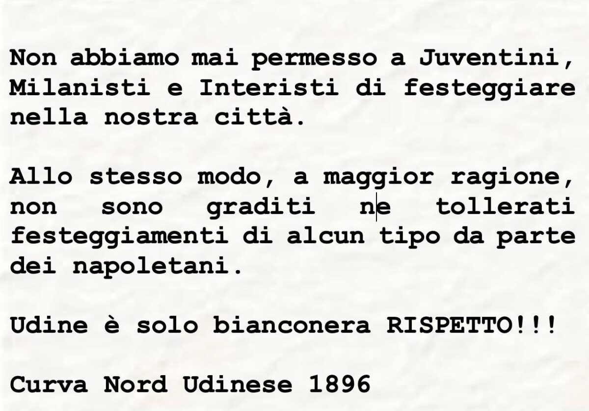 Comunicato Curva Nord Udinese sui festeggiamenti per lo scudetto del Napoli