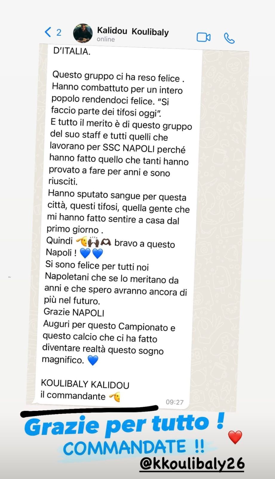 koulibaly messaggio