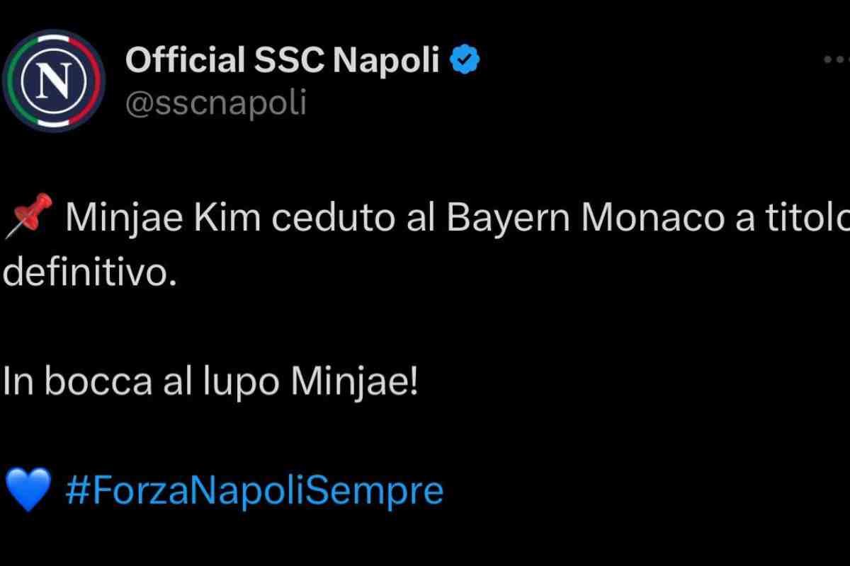 Il Napoli saluta Kim sui suoi canali ufficiali