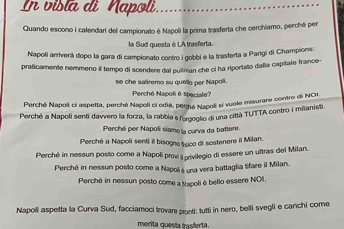 L'annuncio dei tifosi del Milan verso la sfida col Napoli