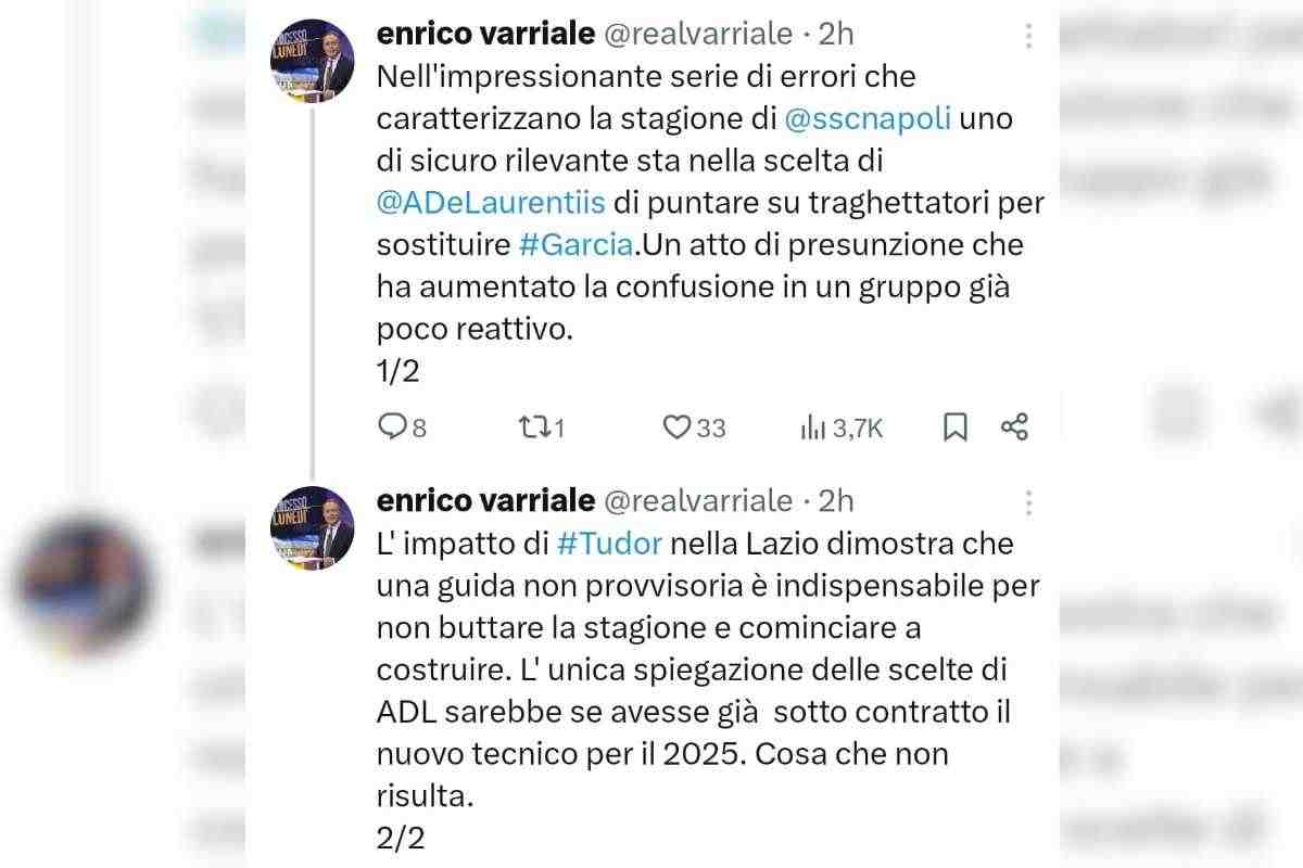 Varriale critica De Laurentiis dopo la sconfitta del Napoli contro l'Atalanta: il tweet in questione