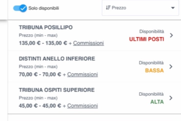 Settori disponibili per Napoli - Pisa