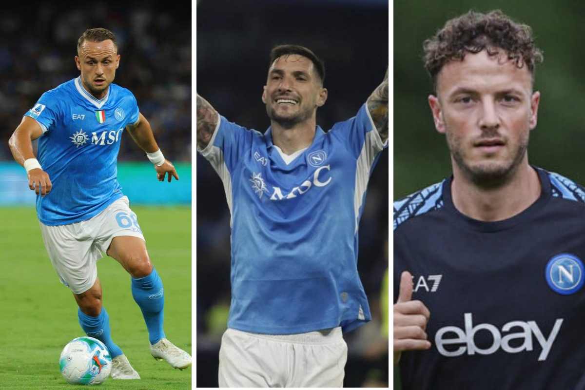 Stanislav Lobotka, Matteo Politano e Amir Rrahmani del Napoli in un collage dedicato agli aggiornamenti infortuni, stagione 2025/26.