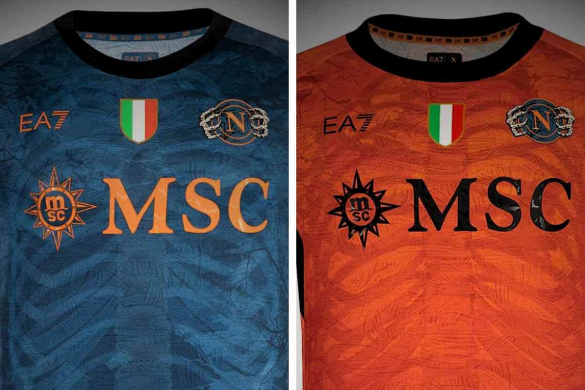 Le nuove maglie del Napoli per Halloween 2025, nelle versioni blu e arancione, firmate EA7 Emporio Armani con dettagli tematici e loghi MSC.