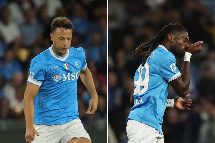 Amir Rrahmani e André-Frank Zambo Anguissa in maglia Napoli durante la stagione 2025, protagonisti dei rinnovi di contratto imminenti sotto la gestione di Antonio Conte.