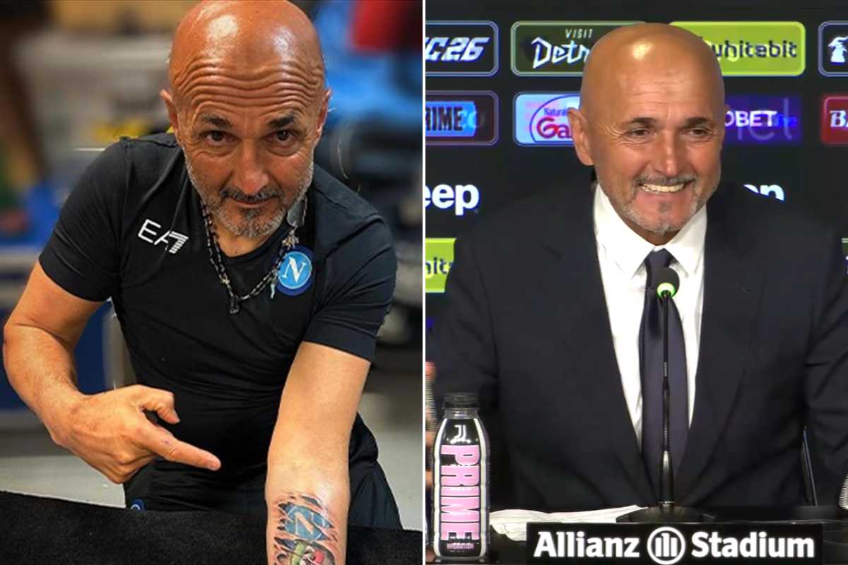 Due foto di Spalletti, che lo ritraggono con il suo tatuaggio del Napoli e in conferenza stampa per presentarsi alla Juve