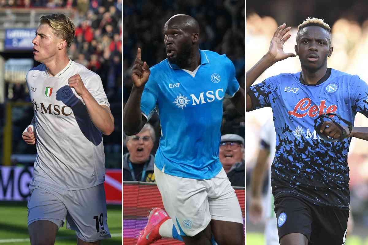 Collage che ritrae tre bomber della storia del Napoli: Hojlund, Lukaku e Osimhen