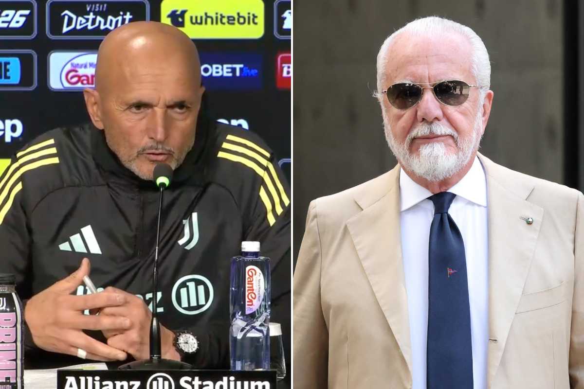 Collage che ritrae Spalletti mentre parla in conferenza stampa e Aurelio De Laurentiis al suo fianco