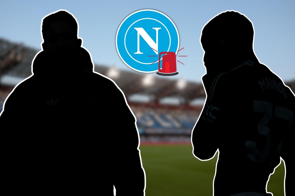 Immagine simbolica sul futuro del Napoli con le sagome oscurate di Ruben Amorim e Kobbie Mainoo dopo l’esonero dell’allenatore nel 2026.