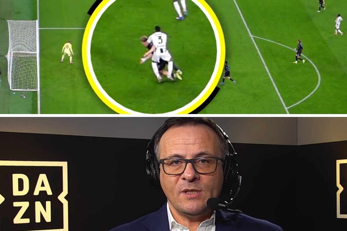 Collage con la trattenuta di Bremer su Hojlund, giudicata da Luca Marelli a Dazn