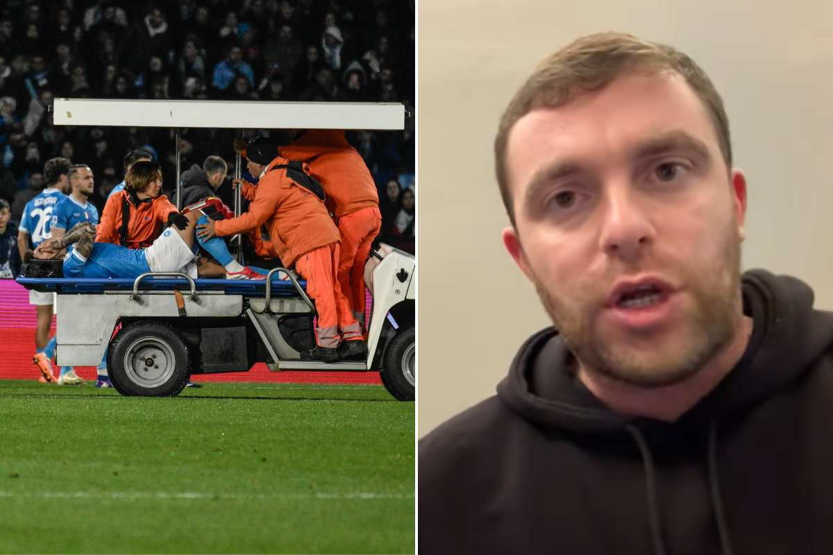 Collage con Di Lorenzo che esce in barella e Fabrizio Romano che parla su Youtube