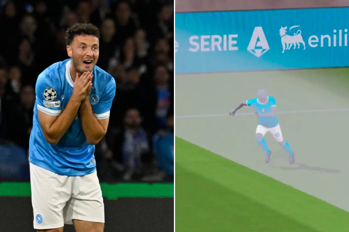 Collage con Amir Rrahmani che proteste sulla sinistra e il fuorigioco del gol annullato al Napoli contro il Parma sulla destra