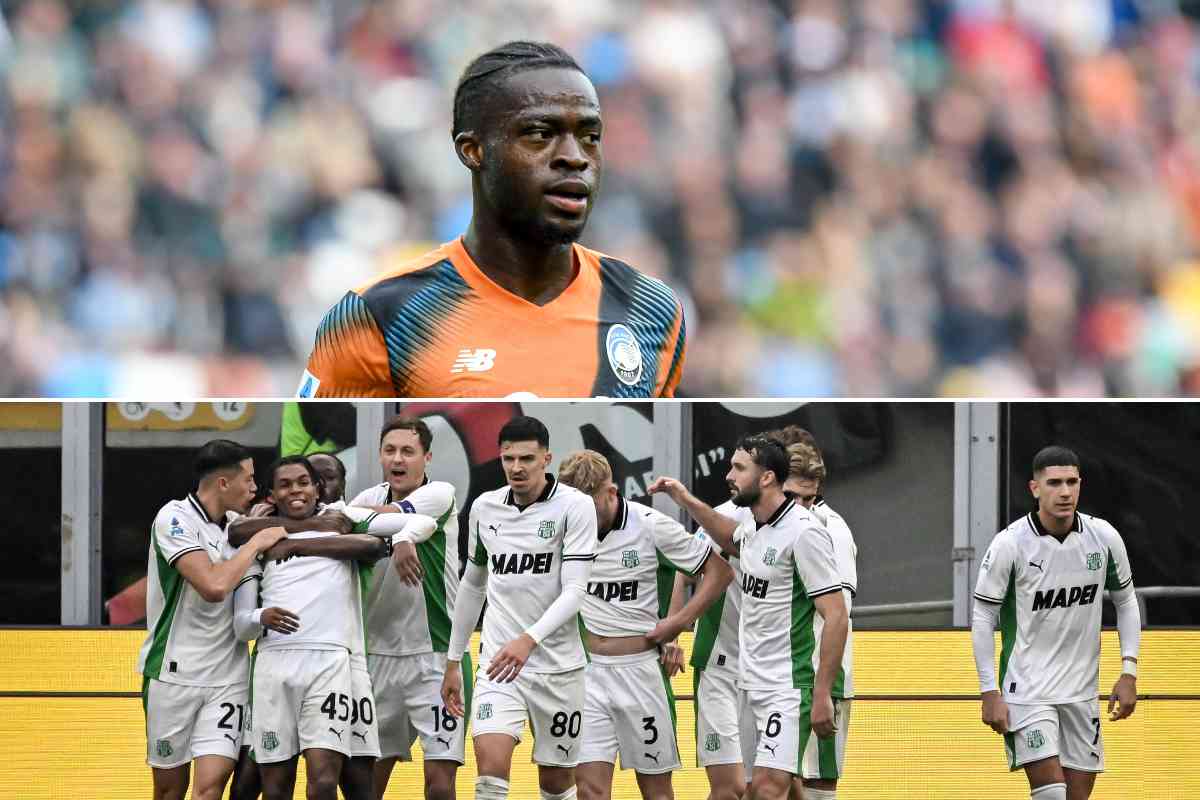 Kamaldeen Sulemana ritratto al di sopra del Sassuolo che celebra il gol segnato da Lauriente