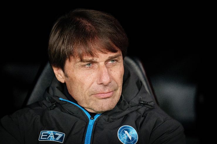 Antonio Conte in panchina con il Napoli osserva la gara di Champions League