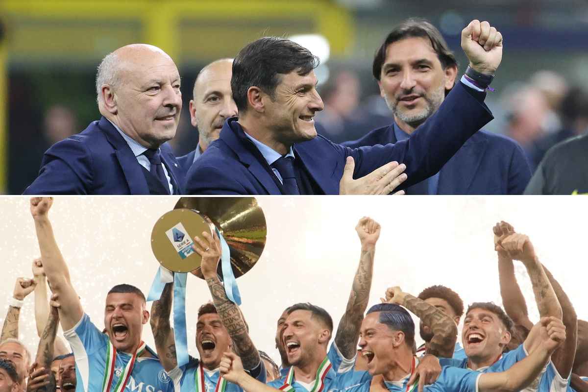 Collage con i dirigente dell'Inter e i giocatori del Napoli che sollevano lo Scudetto
