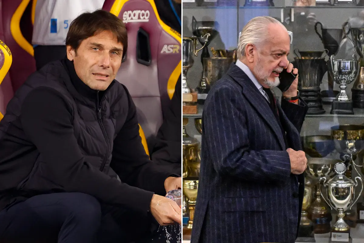 Collage con Conte e De Laurentiis, allenatore e presidente del Napoli