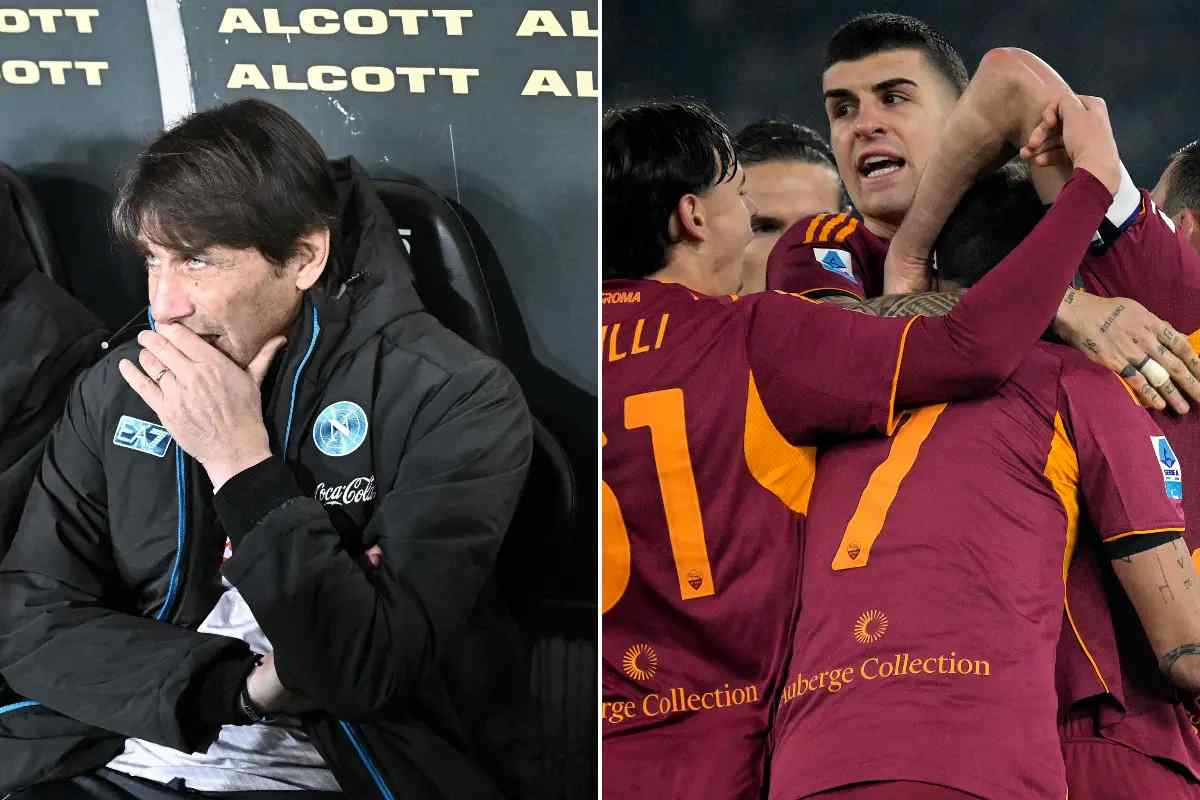 Conte preoccupato accanto ai calciatori della Roma, fra cui Pellegrini