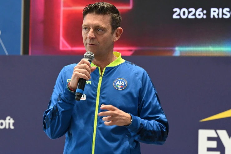 Gianluca Rocchi, designatore degli arbitri di calcio di Serie A e B, all'evento Ey Coverciano 2026