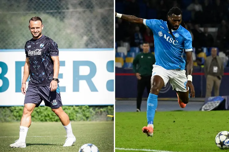 Stanislav Lobotka e Frank Anguissa, centrocampisti del Napoli, in azione durante una partita