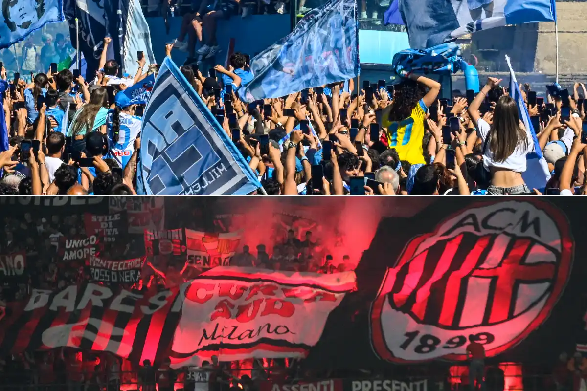 Tifosi del Napoli e del Milan durante il big match: in alto la curva azzurra con bandiere, in basso la Curva Sud rossonera con fumogeni rossi