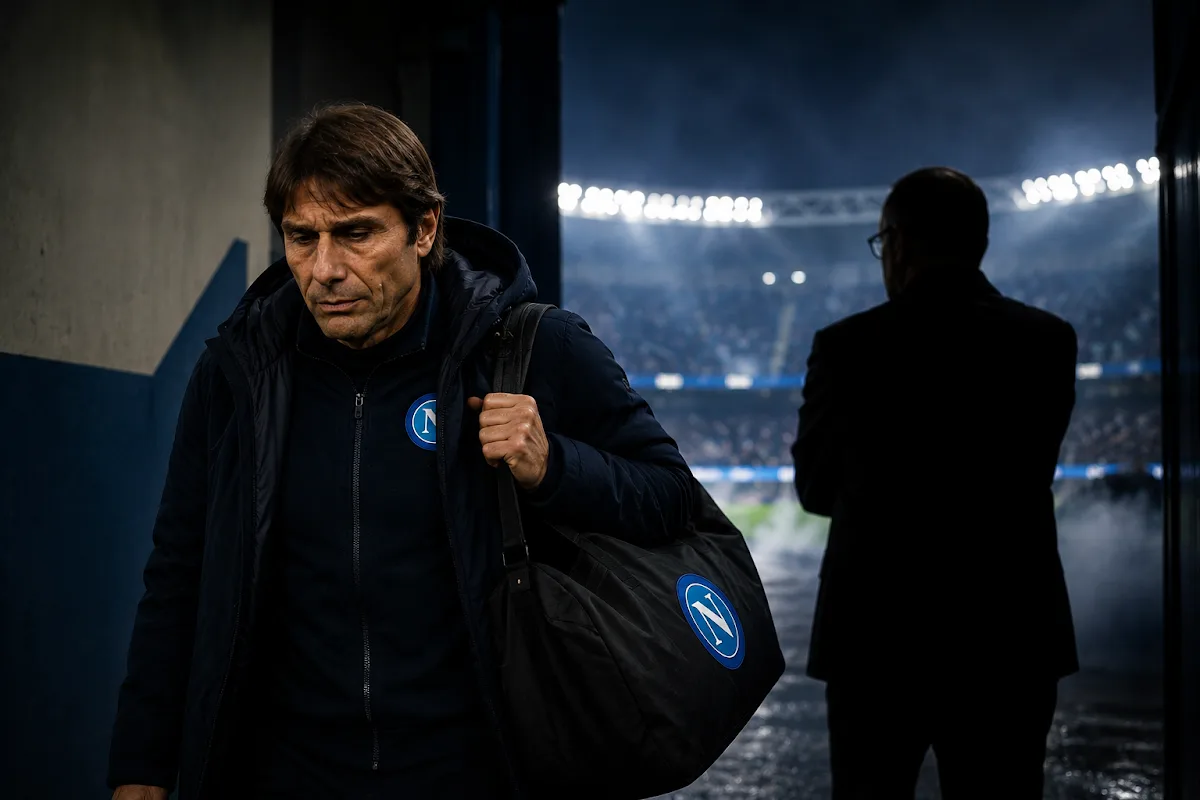 Antonio Conte in panchina con giubbotto Napoli, durante una partita allo stadio illuminato di notte