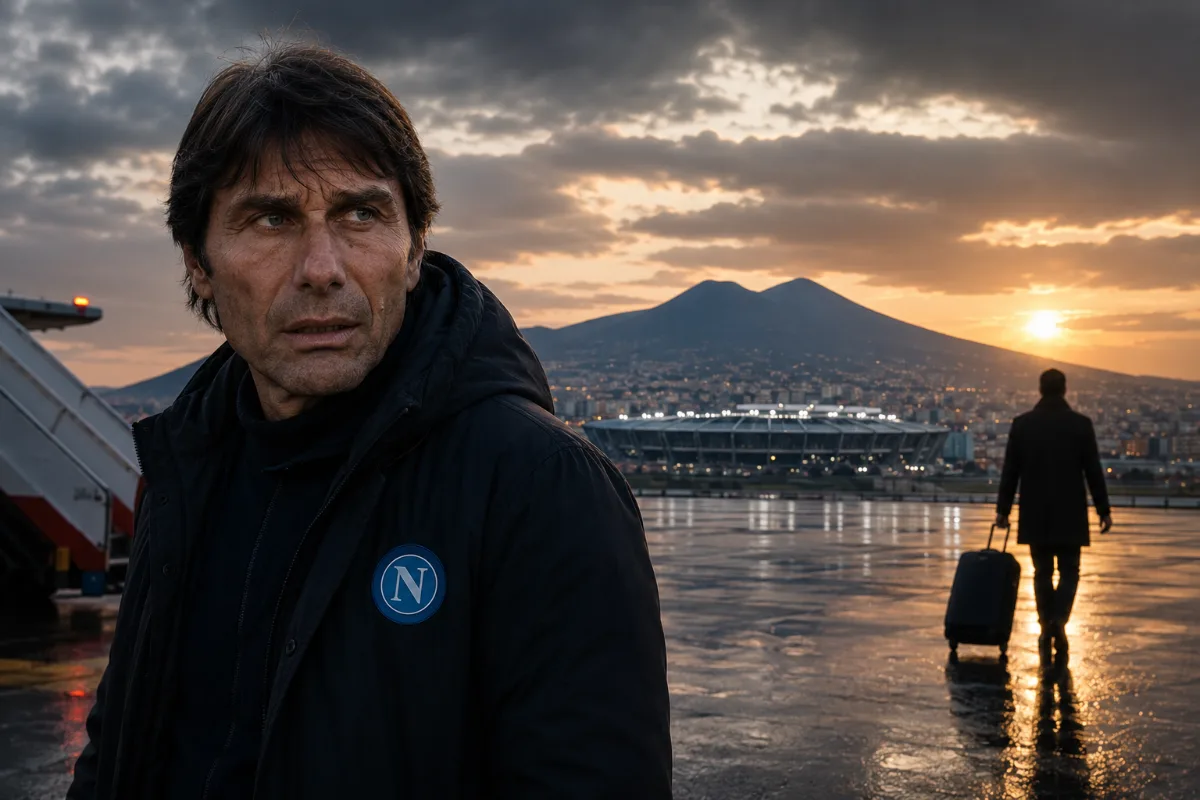 Conte in primo piano, in aeroporto con sullo sfondo il Vesuvio al tramonto