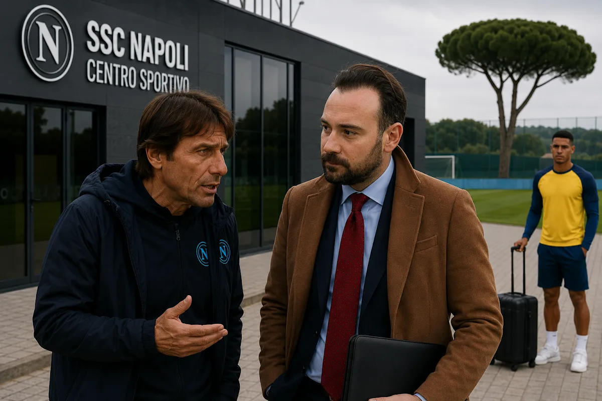 Antonio Conte in conversazione al centro sportivo del Napoli con un collaboratore durante una riunione tattica