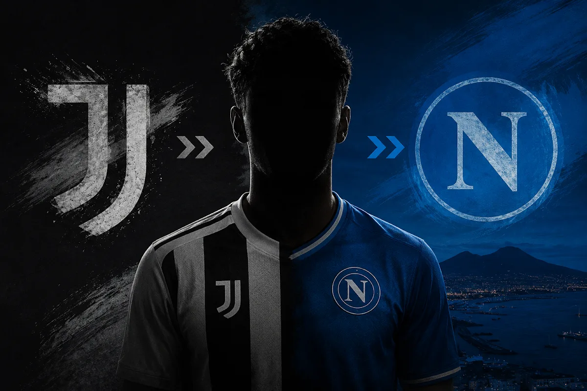 Calciatore in silhouette con maglia Juventus e Napoli, trasferimento da Juventus a Napoli