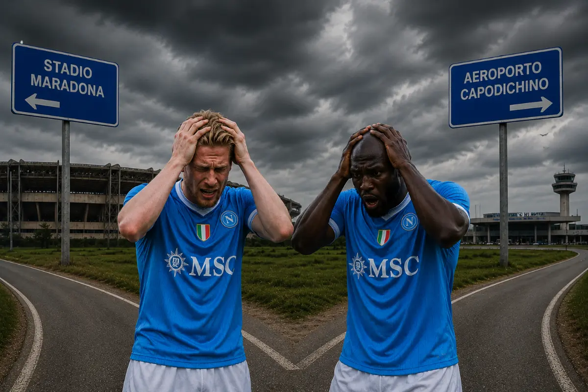 De Bruyne e Lukaku in maglia Napoli tra i cartelli dello Stadio Maradona e Aeroporto Capodichino