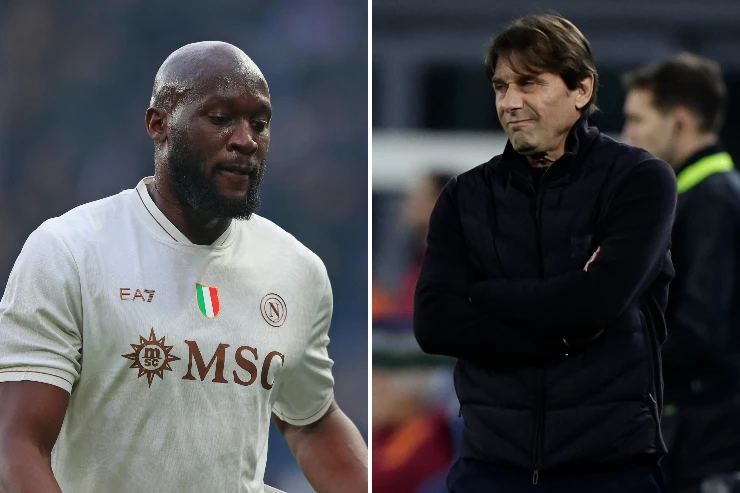 Romelu Lukaku in maglia Napoli EA7 a sinistra e Antonio Conte in giacca nera a destra, foto composita che evidenzia il confronto tra l'attaccante belga e il tecnico azzurro