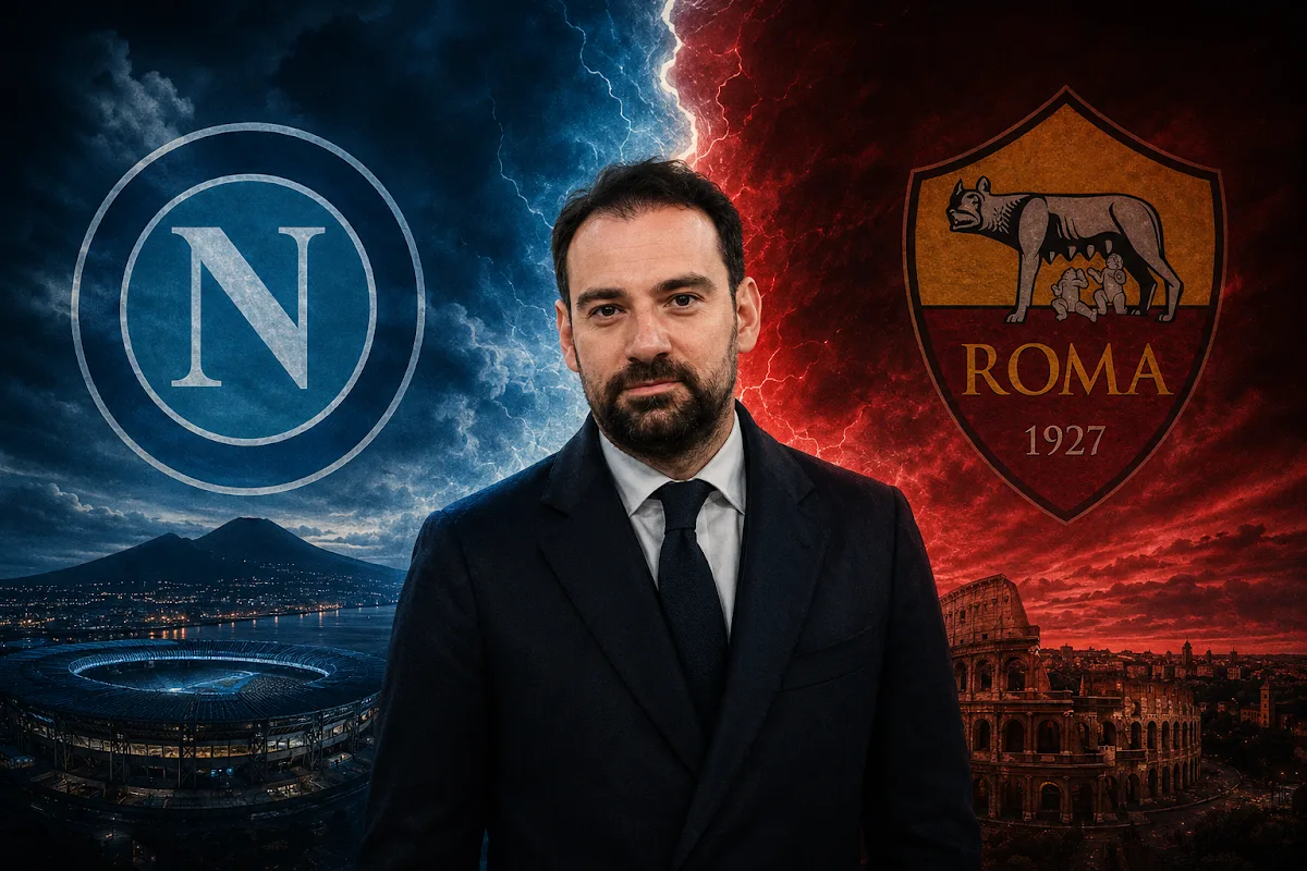 Manna, direttore sportivo del Napoli, in primo piano con sullo sfondo i loghi di Napoli e Roma