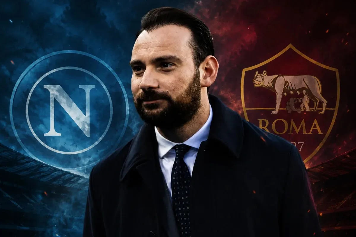 Giovanni Manna, direttore sportivo del Napoli, in primo piano con logo Napoli e Roma sullo sfondo
