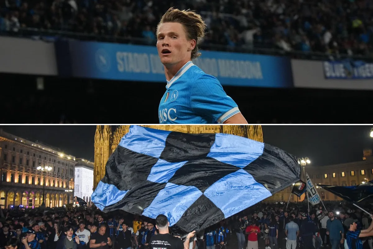 McTominay in maglia azzurra del Napoli durante una partita allo stadio con i tifosi dell'Inter in basso