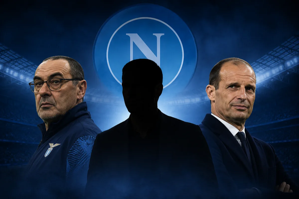 Tre figure di allenatori nel contesto Napoli: Sarri e Allegri visibili, terzo nome coperto, con logo azzurro sullo sfondo