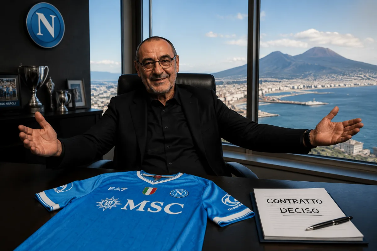 Maurizio Sarri con la maglia del Napoli e il contratto firmato davanti al Vesuvio