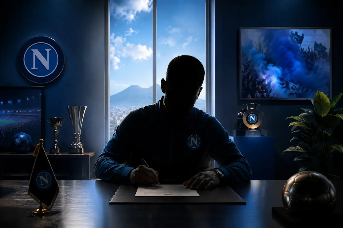 Spinazzola firma il rinnovo contrattuale con il Napoli in ufficio con stemma azzurro e vista sul Vesuvio