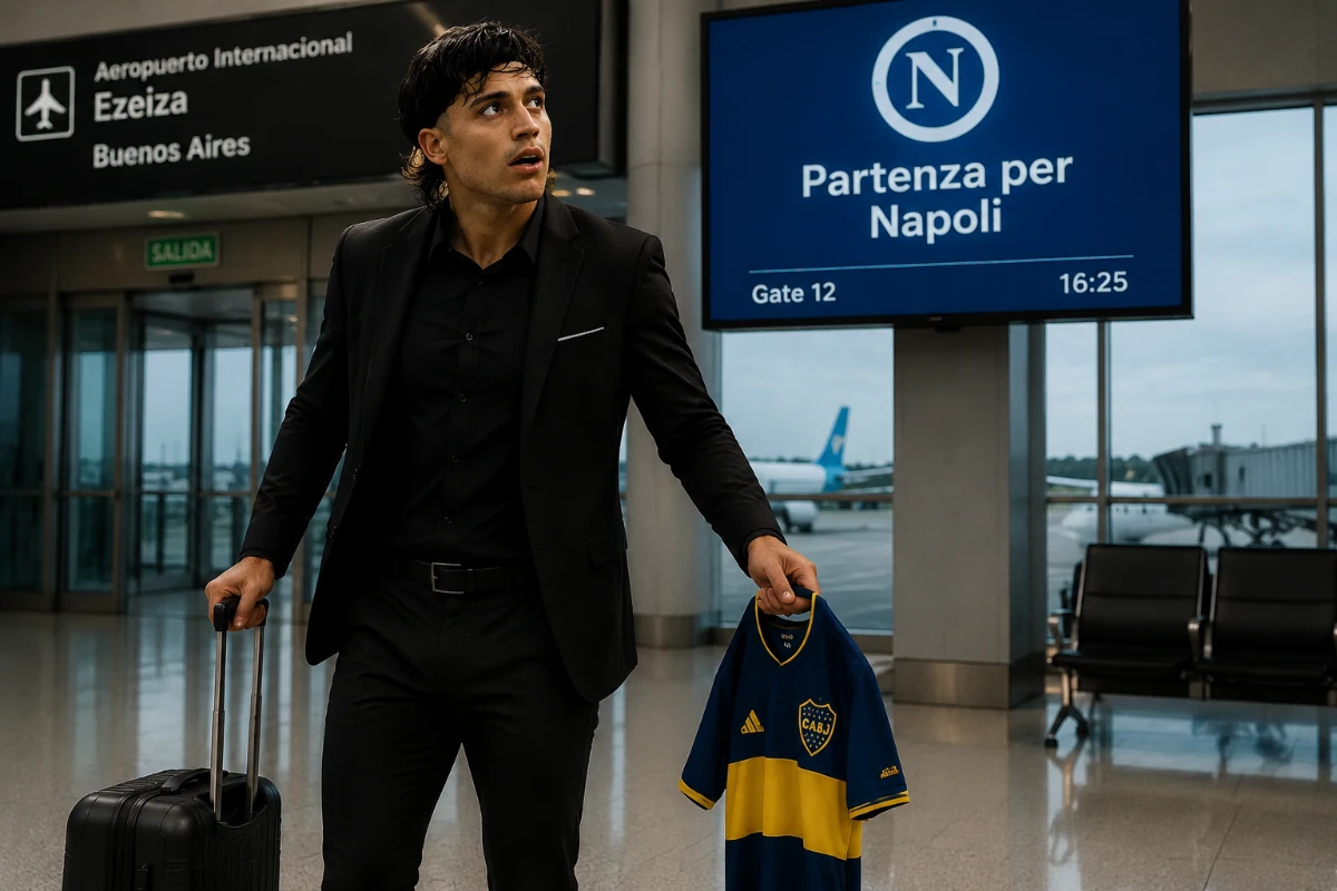 Zeballos all'aeroporto di Buenos Aires con valigia e maglia Boca Juniors