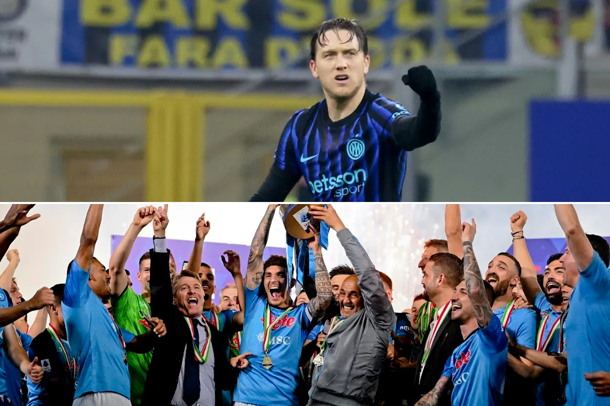 Piotr Zielinski esulta in maglia Inter; in basso, i giocatori del Napoli festeggiano lo Scudetto