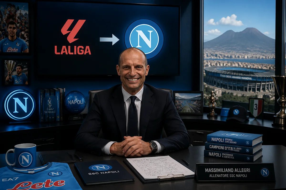 Massimiliano Allegri al suo ufficio presso la SSC Napoli, con logo LaLiga e stadio Maradona visibili sullo sfondo